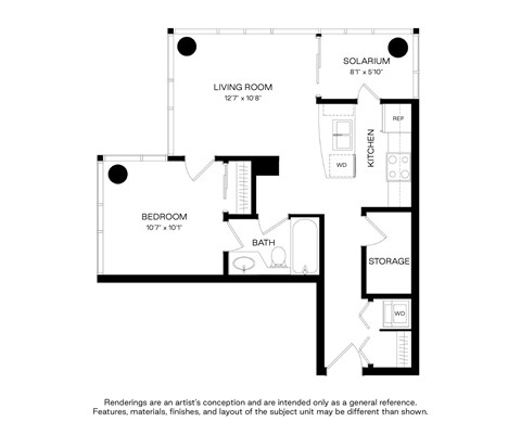 Floor plan for 1 bed, 1 bath, 595 sqft